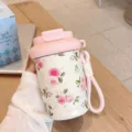 Portable stainless steel coffee cup with romantic rose floral pattern and pink lid and strap. - BW-1574 Pink