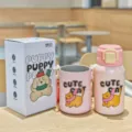 Kids thermos water bottle with cute cat design, straw cup, sleeve, vacuum insulated gift. - Cat Style (DD3058) / 500ml / Pink