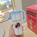 Borraccia termica in acciaio inox con manico e paglia, simpatico bicchiere gatto nero uso quotidiano - 600ml / BSQ-931 blu