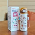 Stainless steel vacuum insulated water bottle with cute heart leopard print design and handy strap. - Heart Leopard Series (BW-186) / Brown