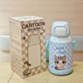 Cute kids insulated water bottle with straw and cartoon cat sleeve 500ml capacity - Plush Cat (YY-8293) / 500ml / Blue
