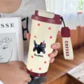 Tragbarer Edelstahl Thermokaffeebecher mit süßem schwarzem Katzenmuster und Tragegurt. - 500ml / Apfel Schwarze Katze
