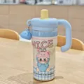Bottiglia d'acqua carina in acciaio inossidabile con paglia e manico tazza portatile - 600ml / BSQ-274 blu