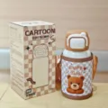 Cute kids thermos water bottle with straw and strap, stainless steel vacuum flask 500ml - Plush Bear (YY-8293) / 500ml / Brown