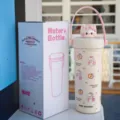 Bottiglia d'acqua isolata sottovuoto con coperchio gatto 3D carino e cinturino tazza termica. - 600ml / BSQ-314 Bianco panna