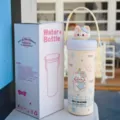 Bottiglia termica sottovuoto con gatto carino e coperchio 3D e cinturino portatile - 600ml / BSQ-314 Blu