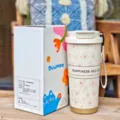tasse de voyage isotherme en acier inoxydable 500ml avec paille, joli gobelet a cafe a fleurs. - DMBW-0807 Rose