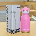 Cute pink stainless steel vacuum thermos cup with cartoon pufferfish lid, 480ml portable bottle - 16oz / Puffer Fish Pattern