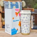 Tasse de café de voyage isolée en acier inoxydable avec paille, bouteille mignonne florale 500ml. - DMBW-0807 Bleu