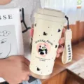 Tragbarer Edelstahl-Kaffebecher mit süßem Panda-Muster und praktischer Trageschlaufe - 500ml / Panda mit Schleife