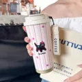 Tragbarer Edelstahl Kaffebecher mit rosa Streifen und praktischem Riemen für unterwegs. - 500ml / Niedliches Tier Rosa