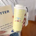 Süßer gelber Karo-Isolierbecher aus Edelstahl für Kaffee, tragbarer Thermobecher mit Riemen. - 500ml / Niedliches Tier Gelb