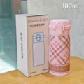 Pink plaid insulated water bottle with dual-drink lid, 300ml portable stainless steel vacuum flask. - Plaid Style / Small (300ml) / Pink