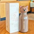Cute cartoon bear insulated straw tumbler, 450ml brown stainless steel water bottle - 450ml / Brown Bear
