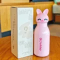 Cute cartoon rabbit ear pink stainless steel vacuum insulated water bottle with straw and box - 450ml / Pink Rabbit