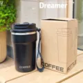 Tazza da caffè da viaggio sottovuoto in acciaio inox con cordino e doppio coperchio. - MD-112 Nero