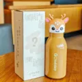 Cute deer cartoon insulated water bottle with straw, 450ml stainless steel flask for kids. - 450ml / Yellow Deer