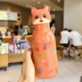 Cute cartoon animal head stainless steel vacuum insulated water bottle with autumn leaf design. - 450ml / Orange Fox (H-355D)