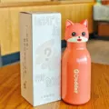 Cute cartoon animal head stainless steel vacuum thermos water cup with straw and box 450ml new - 450ml / Orange Fox Style(H-355)