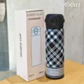 Plaid stainless steel vacuum flask with flip-top lid, 450ml portable insulated water bottle. - Plaid Style / Large / Black