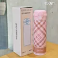 Pink plaid insulated water bottle with dual-drinking lid and gift box 450ml capacity. - Plaid Style / Large / Pink