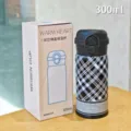 Black plaid stainless steel insulated water bottle featuring a dual-drink lid and 300ml capacity. - Plaid Style / Small (300ml) / Black