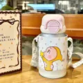 Cute cartoon kids thermos bottle stainless steel vacuum straw cup portable cross body strap water - 550ml / MFXB-BW White