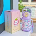 Stainless steel kids thermos water bottle with straw and cute strap for school use daily - 550ml / FH-26502 Purple