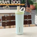 Botella de agua térmica de acero inoxidable con pajita y asa portátil, gran capacidad. - 750ml / Estilo Básico (CF-8366) / Azul