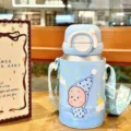 Kids Insulated Water Bottle with Straw Strap Cute Cartoon Design Vacuum Flask Blue - 550ml / MFXB-BW Blue