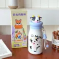 500ml cute cartoon stainless steel insulated water bottle with cow lid and portable strap. - 500ml / Blue
