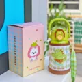 Kids thermos straw water bottle with green dinosaur sleeve and cute box, portable strap. - 550ml / FH-26502 Green