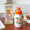 Cute 500ml stainless steel insulated water bottle with cartoon fox lid and portable strap. - 500ml / Orange