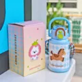 Cute cartoon children thermos water bottle with strap portable stainless steel straw cup - 550ml / FH-26502 Blue
