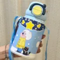 Kids cute cartoon stainless steel vacuum insulated straw water bottle with strap portable. - 550ml / Candy Man Blue