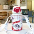 Children stainless steel thermos cup with cute candy print, straw lid and strap for kids. - Plaid Style (txmb-bw) / 500ml / Red