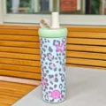 Botella de agua aislada al vacío de acero inoxidable con asa, pajita y estampado de corazón leopardo. - 750ml / Estilo Corazón Leopardo (CF-8364) / Azul