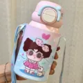 Cute cartoon kids insulated water bottle stainless steel vacuum cup with strap and straw - 550ml / Candy Man Pink
