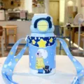 Cute cartoon stainless steel kids thermos bottle with strap and straw, light blue color - Boy And Cat (txmb-bw) / 500ml / Blue