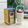 Stainless steel portable thermos cup, 480ml capacity with green handle and plaid smiley print. - 16oz / Portable Coffee Cup with Coffee Lid