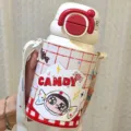 Cute cartoon children stainless steel thermos cup with straw, strap, and portable pouch. - 550ml / Candy Man Red
