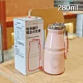 Mini pink 280ml stainless steel thermos cup, vintage milk bottle design with portable strap. - KH-1050 Retro Milk Bottle Style / 280ml / Pink