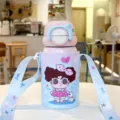 316 stainless steel kids insulated water bottle with cute cartoon girl strap and straw. - Cartoon Girl (txmb-bw) / 500ml / Pink