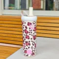 Botella de agua aislada al vacío de acero inoxidable con pajita estampado de leopardo taza - 750ml / Estilo Corazón Leopardo (CF-8364) / Blanco Roto