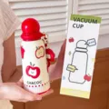 Cute spherical vacuum cup for students with cartoon apple design, portable stainless steel. - 400ml / Red