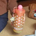 Retro polkadot gematteerde glazen waterfles met schattige bloemenbedel, draagbare grote capaciteit beker. - 720ml / Bruin