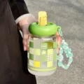 Green checkered glass straw cup with cute floral print, portable beaded strap for women. - 490ml / Green