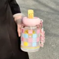 Cute glass water bottle with straw, pink checkered print and lemon design, portable and stylish cup. - 490ml / Pink