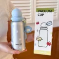 Cute ball lid stainless steel vacuum cup with strap, 400ml portable insulated water bottle - 400ml / Polka Dot Style / Silver