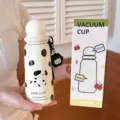 Cute spherical vacuum insulated water bottle with cute cartoon dog pattern for students. - 400ml / Cow Print Style / White
